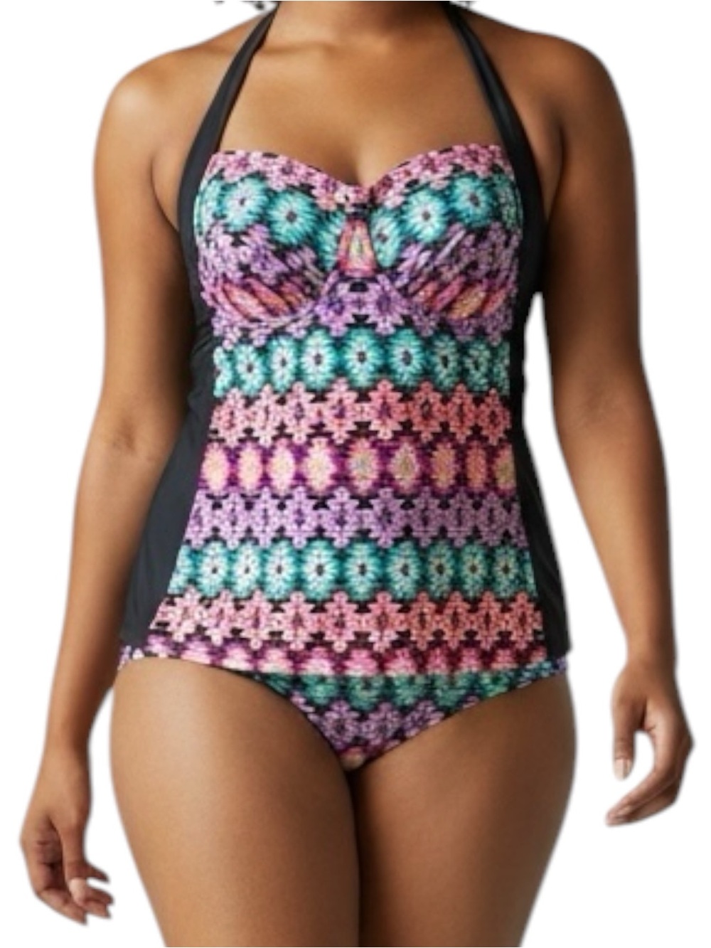 Catalina Swim 2pc Multi-Color & Black w/Gold Accent Aztec Tankini Top Bottom NWT